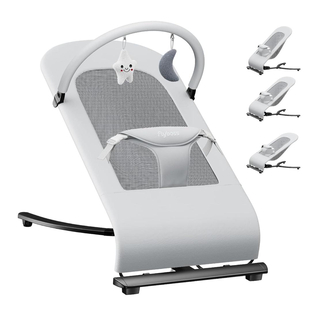 3-in-1 Portable Baby Bouncer & Rocker Chair for Newborn to Toddler - 4 Adjustable Recline Positions, Breathable Cotton Fabric, Natural Vibration, Supports Up to 33 lbs (Grey) (Grey)