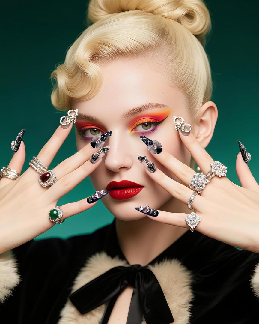 Gothic Press On Nails with Bow & Skull - Handmade Black Pink French Tip Fake Nails | Rhinestone Jelly Glue Reusable 3D Nails for Women (Black Pink, XS)