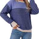 Rooscier Women's Striped Knit Pullover Sweater Crew Neck Long Sleeve Loose Sweaters with Pocket (Purple, L)