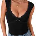 KIFOVEN Women's Lace Trim Bodysuit Shapewear Tummy Control Sexy Deep V Neck Body Shaper Sleeveless Going Out Tops (Black) S