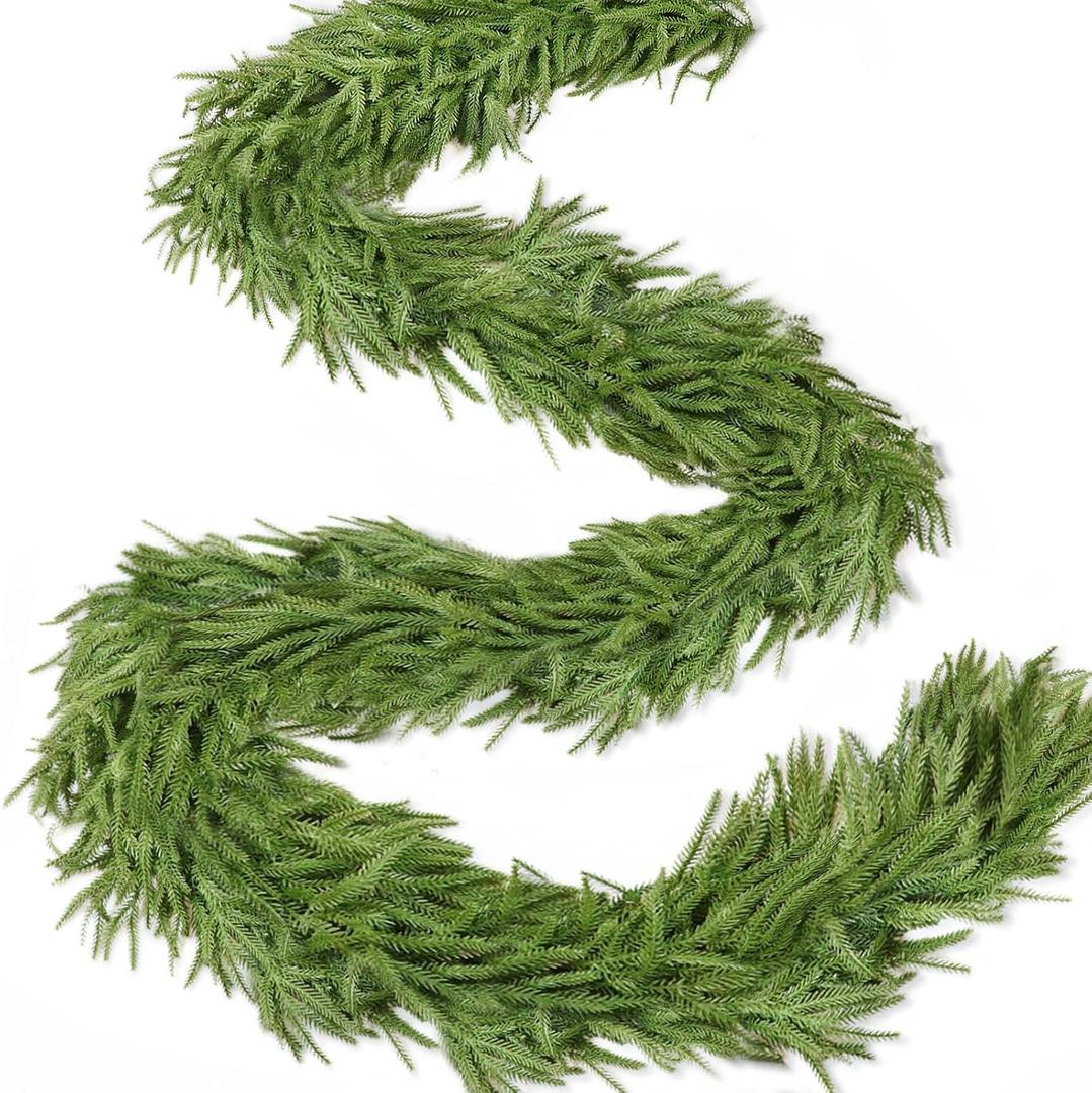 Thicker -9 Ft by 12 Inch Real Touch Christmas Norfolk Pine Garland Realistic, Artificial Christmas Garland with 180 Branch Tips, Faux Greenery Pine Garlands Xmas Table Fireplace Mantle Indoor Outdoor