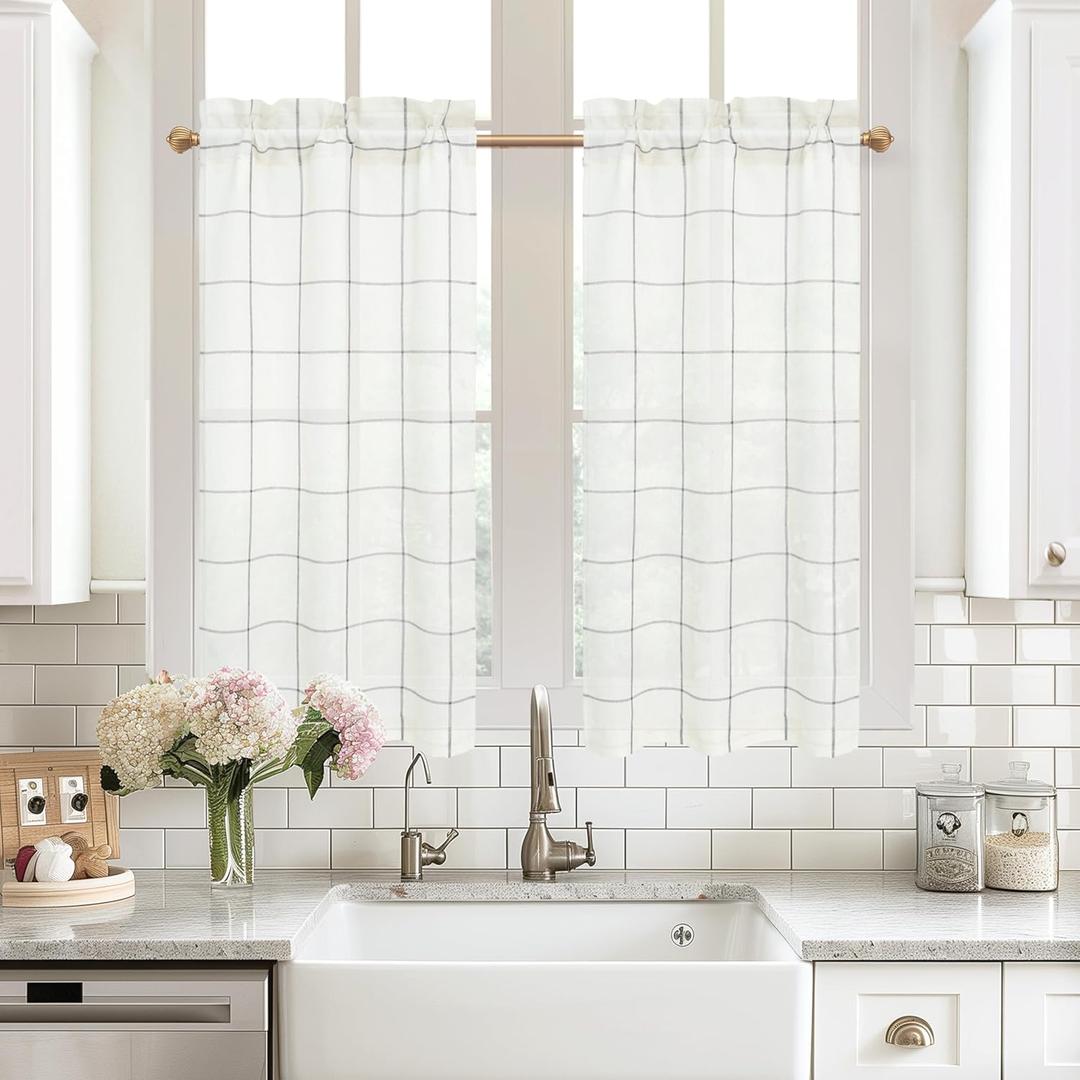 DriftAway Kitchen Curtains Striped Tier Linen Short Curtains Windowpane Plaid Cafe 45 Inch Length for Living Room Bathroom Chris Farmhouse Rustic Rod Pocket 2 Panels Gray