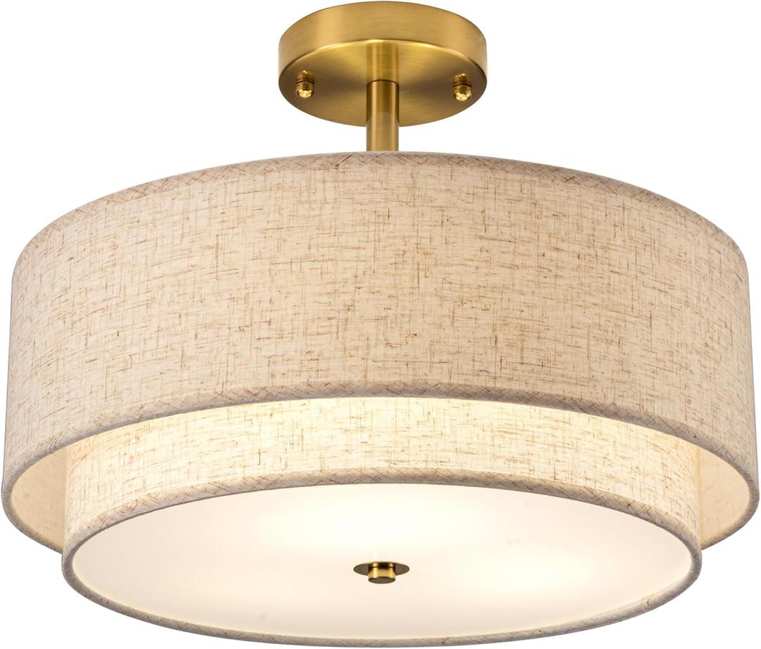 16" Semi Flush Mount Ceiling Light Fixture,Modern Close to Ceiling Light, 3-Lights Gold Drum Ceiling Light with Linen Fabric Shade for Bedroom Living Dining Room Hallway Entryway Foyer