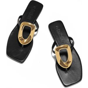 Women's Flat Sandals Summer Square Toe Flip Flops Comfortable Beach Flats Slip on Metal Decoration Slide Shoes, Size: 11