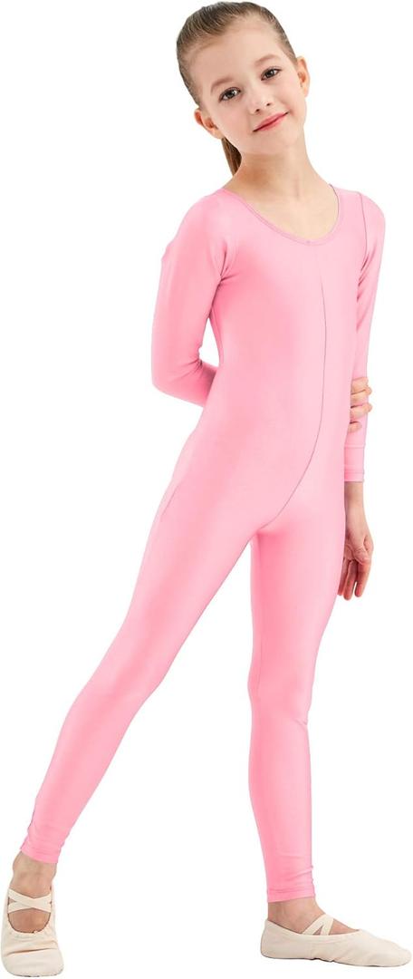Kepblom Girls Scoop Neck Long Sleeve Unitard Bodysuit Dancewear For Child (Pink, M)