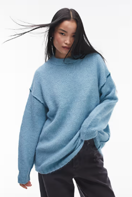 Womens Sweater Crewneck Long Sleeve Pullover Sweater Knit Sweater with  Exposed Contrast Seam , Light Blue, Size M