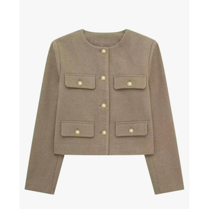 Women's Gold Button Jacket O Neck Long Sleeve Jacket Casual Office Solid Color Chic Top, Size XL, Light Brown