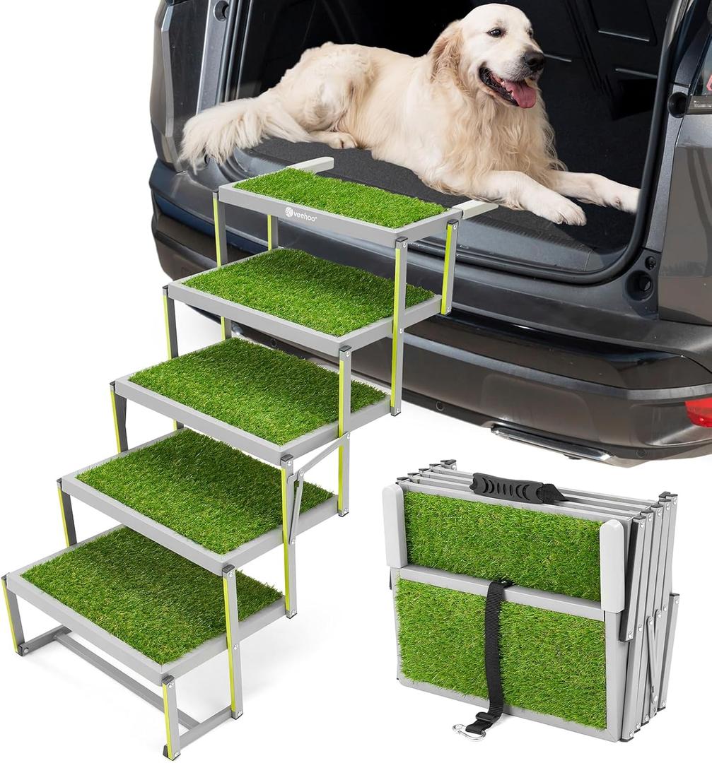 Veehoo Dog Stairs for Car, Aluminum Folding Dog Steps for Truck and SUV, Portable Car Ramp for Large Dogs with Non-Slip Artificial Grass Surface, Supports Up to 200 Lb, 5 Steps