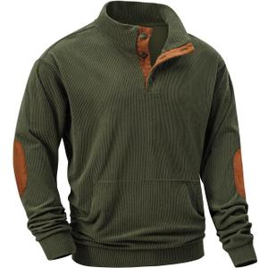 JMIERR Men's Corduroy Sweatshirt Casual Long Sleeve Stand Collar Button Pullover Sweatshirts with Pockets (3X-Large, B Jungle Green)