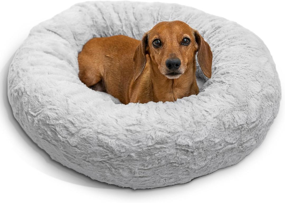 Best Friends by Sheri Original Calming Donut Dog and Cat Bed, Lux Faux Fur, Gray, Small (23in x 23in) - Helps Provide Anxiety Relief for Pets