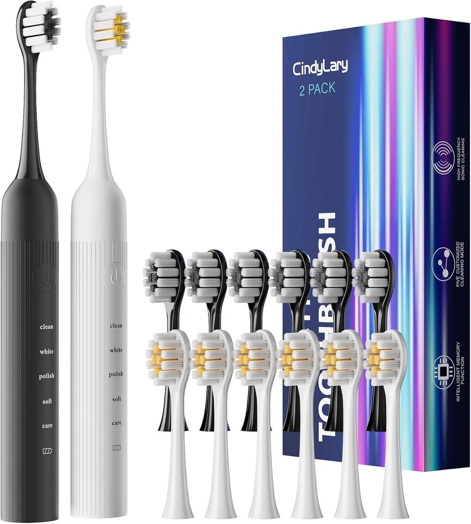 2 Pack Electric Toothbrush for Adults and Kids - Rechargeable Kids Ages 12+ and Adults with 12 Brush Heads & 2 Electric Toothbrush, 90 Days Battery Life - Black and White