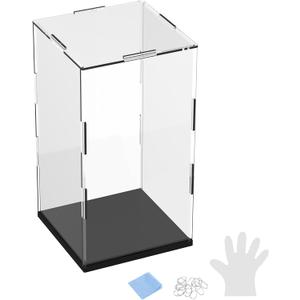 1-Pack Acrylic Display Case, 3.9x3.9x7.9 Inch/10x10x20cm Acrylic Clear Display Case Box with Black Wooden Base for Collectibles, Dustproof Showcase [Black, Clear]