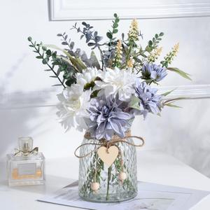 Fake Flowers Artificial Blue Flowers with Vase, Table Centerpieces for Dining Room, Silk Flower Arrangements for Home, Living Room Bathroom Plant Decor, Centerpiece Table Decorations (White and Blue)