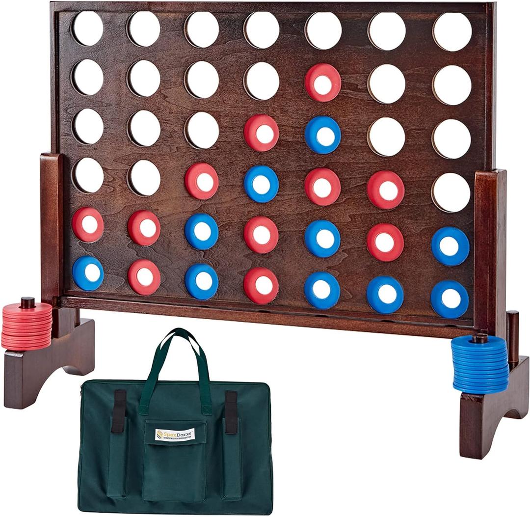 SpexDarxs Giant 4 in A Row Game, Wooden Jumbo 4-to-Score Set for Indoor & Outdoor Family Fun-Line Up Four Travel Board Games with 42 Coins & Ring Holders & Carrying Bag