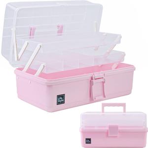 Creahaus 13-inch Art Craft Organizer Storage Box with 3 Layer, Multipurpose Plastic Tool Box with Handle for Sewing, Art Supply, Medicine, Nail, Hair Accessories (Pink)