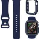 2 x 3-in-1 Silicone Band and Rugged Case Compatible for Apple Watch Bands 44mm 45mm 46mm 42mm 40mm 41mm, Sport Strap and Protective Cover with Screen Protector for iWatch Series 11 10 9 8 7 6 5 4 SE3