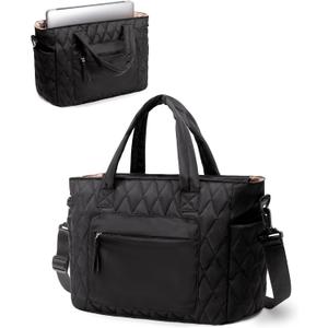 Tote Bag for Women - Puffer Work Tote with Laptop Compartment, Quilted College Shoulder Bag with Zipper for Work (Black)
