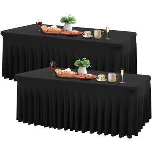 Wish Care 2 Pack Black Spandex Table Cloths - Fitted, Wrinkle Free, 6ft Rectangle Table Cover for Party, Banquet, Wedding & Events