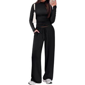 Sampeel Two Piece Lounge Set for Women 2 Piece Fall Outfits 2025 Mock Neck Ruched Tops Wide Leg Pants Travel Airport (Small, Black (Regular))