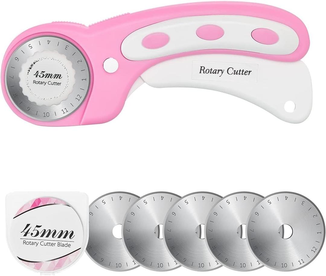 45mm Rotary Cutter with 5pcs Extra Blades, Ergonomic Handle Rolling Cutter with Safety Lock for Fabric, Leather, Crafting, Sewing, Quilting, Fabric Rotary Cutter Perfect for Left & Right Hand(Pink)