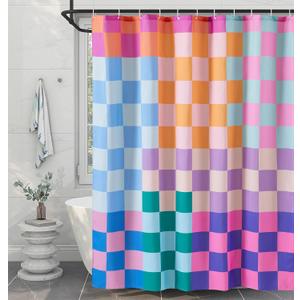RoomTalks Multicolored Checkered Retro Fabric Shower Curtain for Bathroom Extra Long 84 Inches Length, Bright Rainbow Colorful Modern Simple Groovy Aesthetic Shower Curtain Set with Hooks