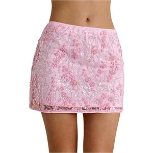 MakeMeChic Women's Sequin Mini Skirt Y2K Sparkly Micro Pencil Skirt with Sash size small