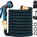 100 ft Expandable Garden Hose - Kink Free Flexible Water Hose 100ft with 10 Pattern Spray Nozzle, 3/4 Solid Brass Connectors, Retractable Latex Core - Lightweight Expanding Hose (Blue)