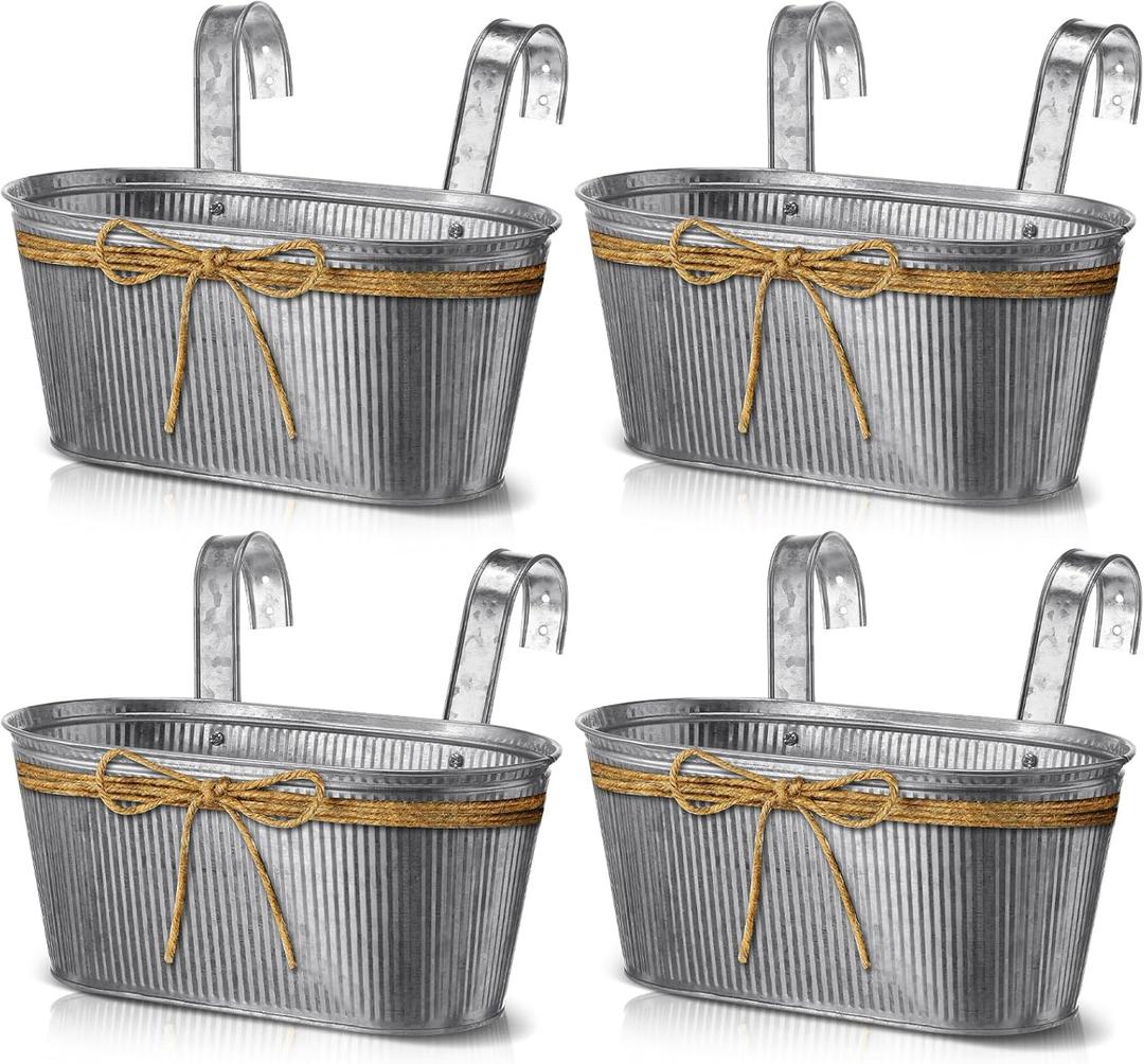 Hicarer 4 Pcs Metal Hanging Flower Pots, 10.6 Inch Vertical Grained Metal Color Outdoor Hanging Planters Window Plant Holder with Detachable Hooks for Railing Fence Balcony Garden Yard