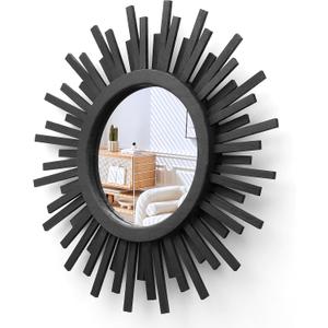 18 Inch Boho Sunburst Mirror, Round Wooden Wall Decor Starburst Sun Mirror for Bedroom, Living Room, Bathroom, Hallway, Balcony, Farmhouse Entryway, Housewarming Gift（Black