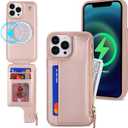 Lipvina for iPhone 15 Magsafe Case with Card Holder,Wallet Phone Case for Men Women,Zipper PU Leather Cover,Snap Clasp,Purse Gift for iPhone 15 6.1" (Beige)