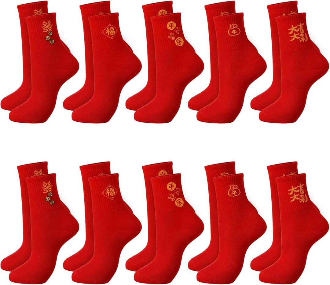 10 Pairs Chinese New Year 2026 Red Socks of Horse with Embroidery Fu Rich New Year Crew Socks for Woman Men Gifts
