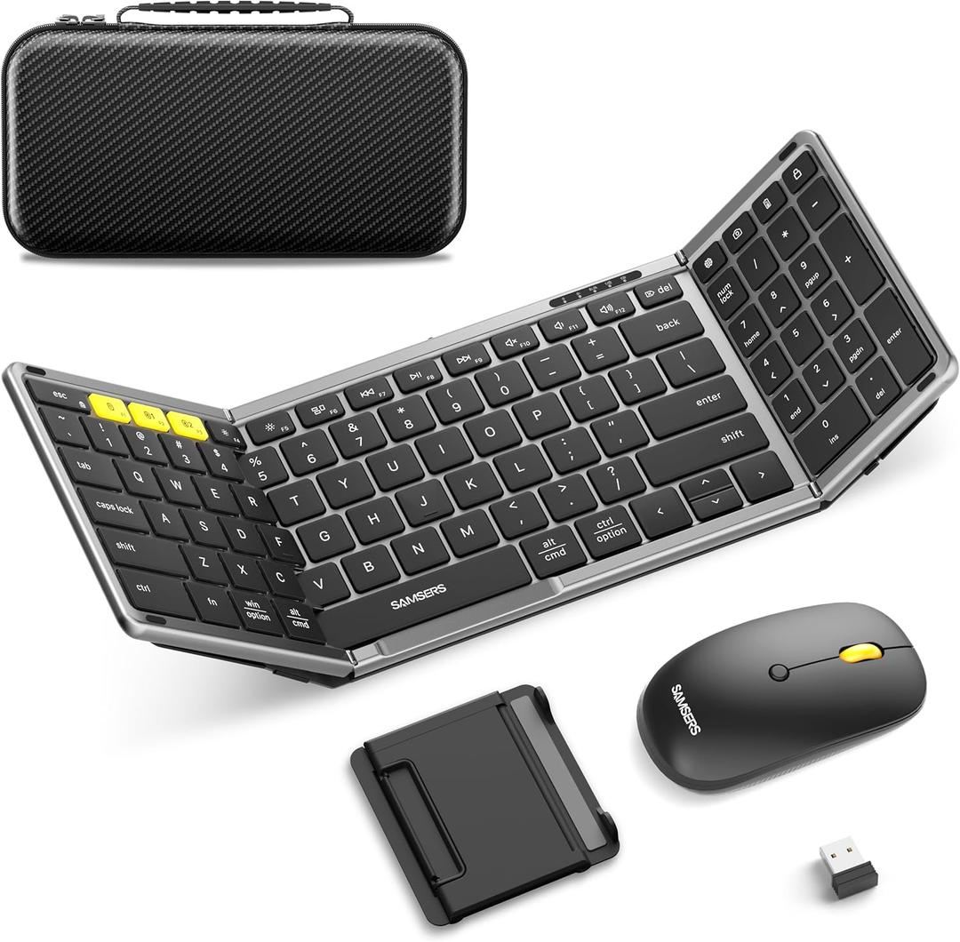 Foldable Keyboard and Mouse, Samsers Folding Bluetooth Keyboard Combo, 2.4G + BT5.0 x 2, Full-Size Portable Travel Keyboard & Rechargeable Wireless Mouse for Windows Android iOS Mac OS, Gray Black