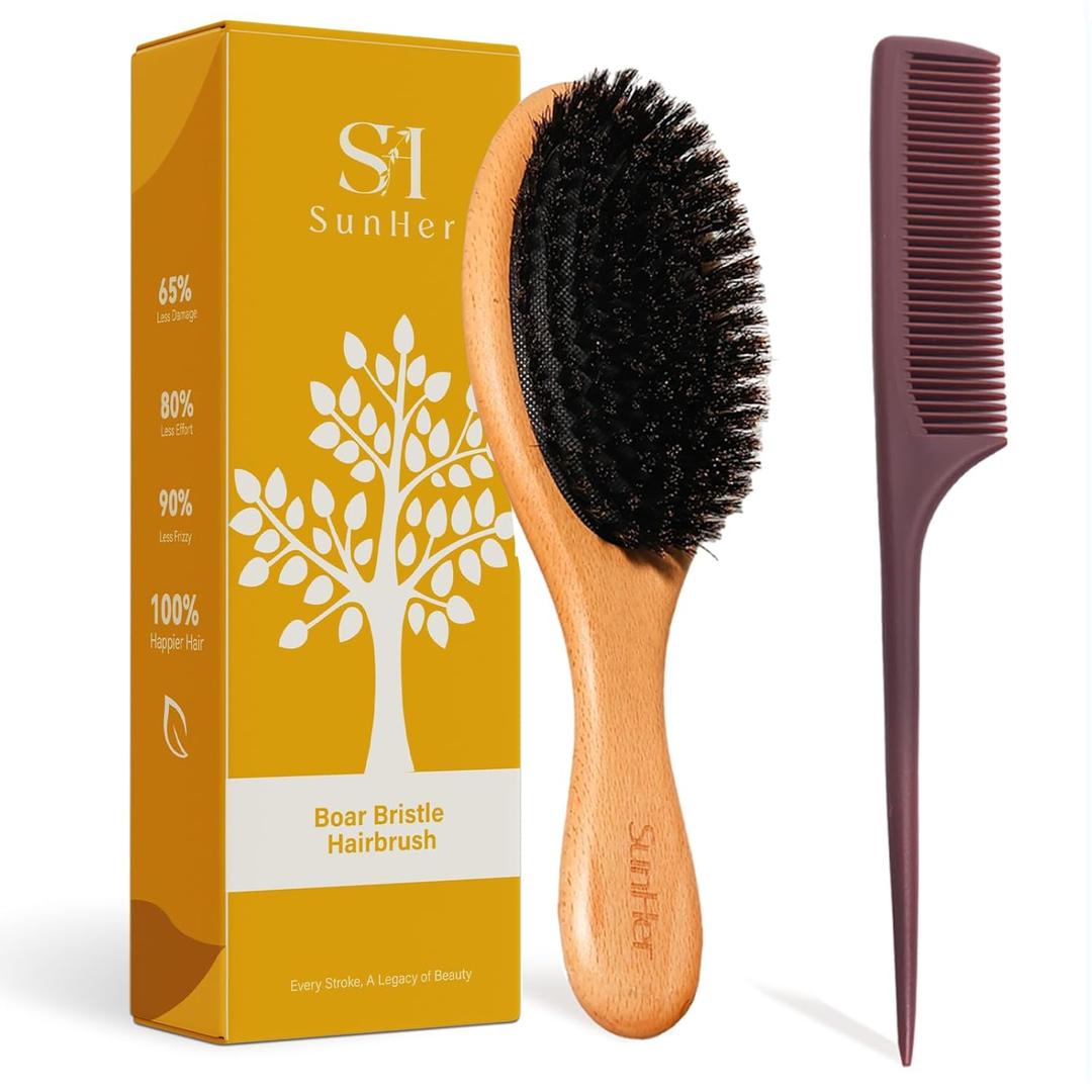 SunHer Boar Bristle Hair Brush - 100% Soft Boar Bristle Brush for Women Men Kids Restore Shine and Fine - Wooden Slick Back Hairbrush with Plastic Tail Comb for Short Thin Dry Hair (Brown)