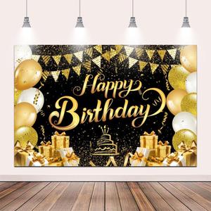 10x8ft Happy Birthday Backdrop Happy Birthday Banner for Men Black and Gold Party Decorations Photo Background