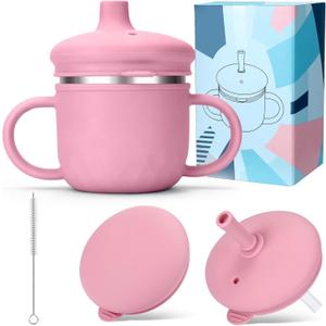BUSOHA Stainless Steel Sippy Cups - 3 IN 1 Silicone Sippy Cup for 6+ month old Toddlers Straw Cup with Lid,Brush and Silicon Straw Anti-Drop Spill Proof Cups for Baby Kids Travel,8 oz, Pink