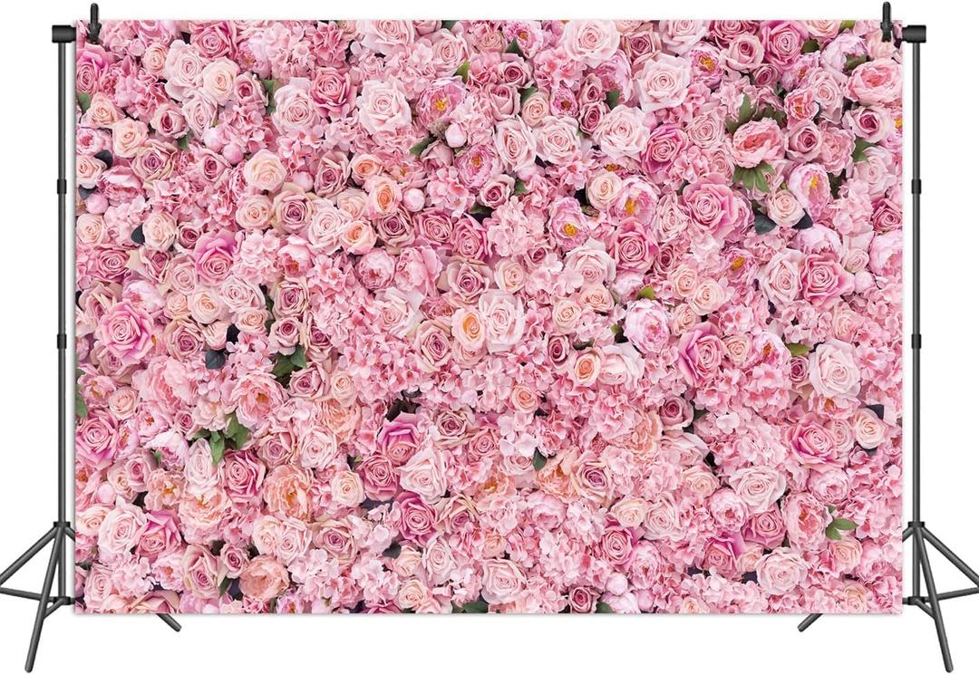 BINQOO 7x5ft Pink Rose Wall Background Pink Flowers Backdrops Spring Tea Party Backdrop Floral Girls Birthday Weeding Valentine's Day Mother's Day Event Banner Photo Props