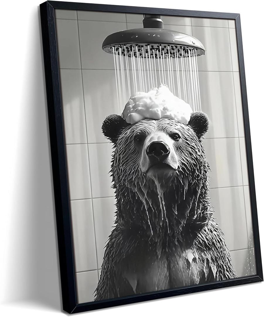 XYHYRA Funny Bear Bathroom Wall Art, Black and White Animal Shower Canvas Print Picture, Cute Bear Taking Bath Poster, Modern Farmhouse Bathroom Restroom Home Wall Decor 8x10 inch Wood Framed