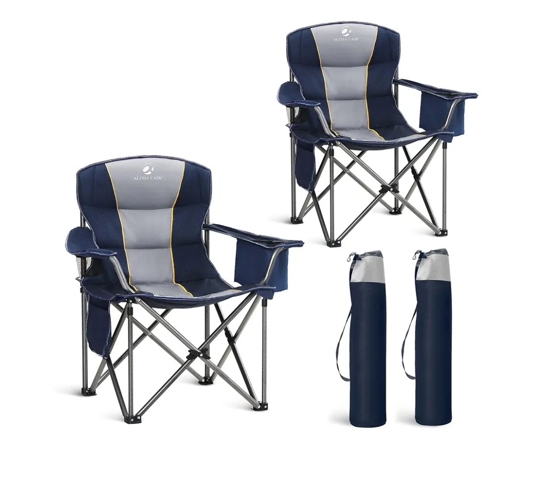 LET'S CAMP Folding Camping Chair Oversized Heavy Duty Padded Outdoor Chair with Cup Holder Storage and Cooler Bag, 450 LBS Weight Capacity, Thicken 600D Oxford,2 Pack