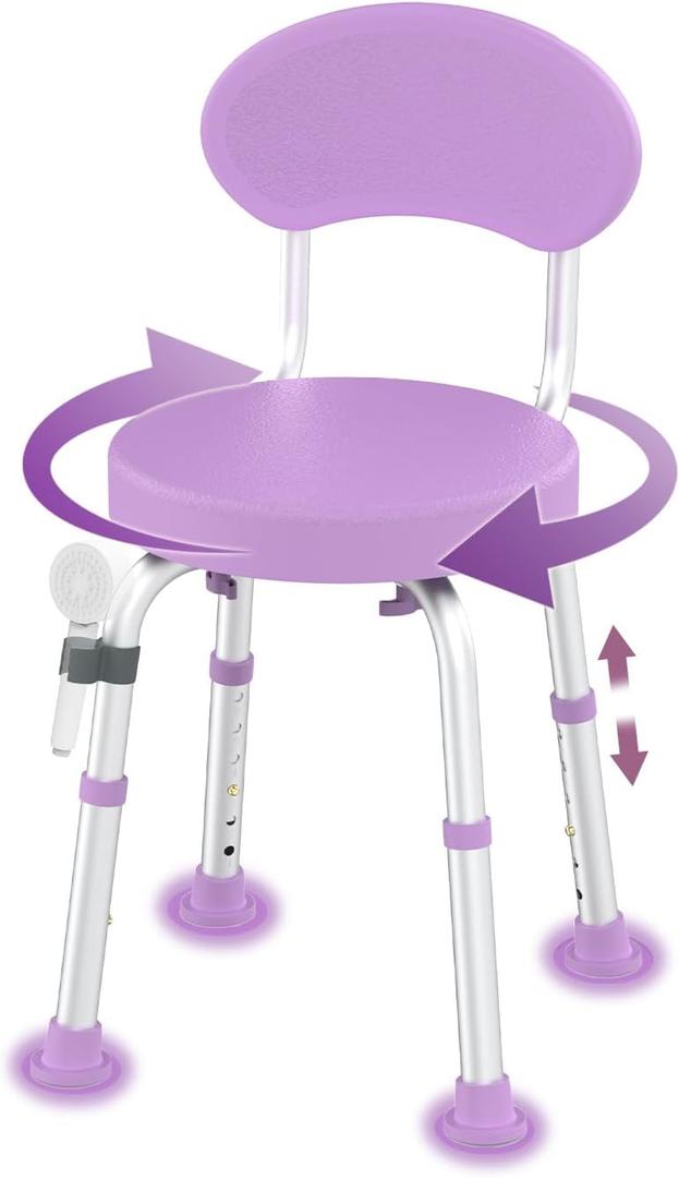 Swivel Shower Chair, 360 Non-Slip Shower Seat with Backrest for Elderly and Disabled, Height Adjustable Rotating Tub Bench for Seniors Bathroom Inside Shower with Compact Frame (Purple)