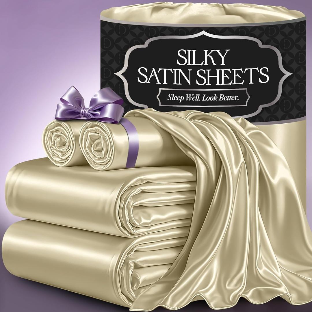 DECOLURE Satin Bed Sheets - 4 Piece Luxury Silky Queen Size Bedding Set - Softer Than Silk, Wrinkle-Free with 15 Deep Pocket Fitted Sheet, Perfect for Hair & Skin, Gifts for Women (Champagne)