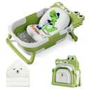 MoreFeel Collapsible Baby Bathtub for Newborn with Thermometer & 1 Hooded Towel & 1 Soft Floating Cushion,Portable Travel Bathtub with Drain Hole, Durable Foldable Baby Tubs for Infants to Toddler (Green)