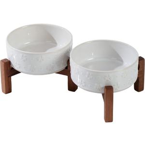 Havniva 5.1" Elevated Dog Bowls Ceramic Raised Dog Bowl with Non-Slip Stand (Acacia Wood) Two Height Options, Dog Food & Water Bowl for Small Breed Dogs Puppy - 1.6 Cups 13.5 oz