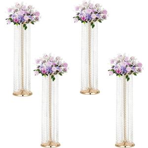 LANLONG Set of 4 Luxurious Crystal Flower Stand Wedding Centerpieces on Floor Tall Metal Flower Arrangement Stand Tabletop Flower Vase for Wedding Party Hotel Home Decor (Gold)