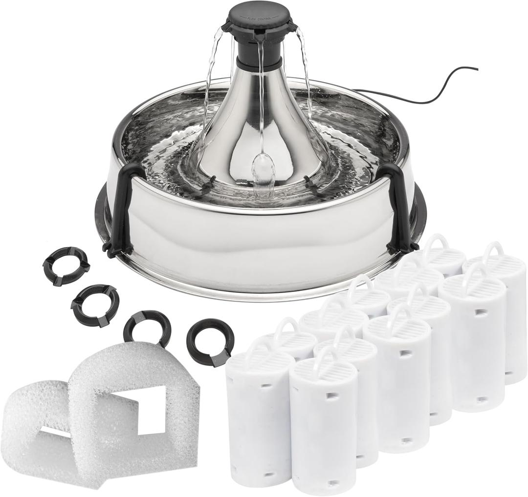 PetSafe Drinkwell Stainless Multi-Pet Pet Fountain with Extra 12-Pack of | Customizable 1-5 Water Streams, Rust/Scratch-Resistant Stainless Steel, 12 Carbon + 2 Foam Filters Included