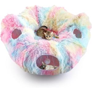 Cat Tunnel Bed, Collapsible Cat Tunnel with Washable Cushion,3-in-1 Multi-Functional Play Tunnel with Peek Holes & Ears, Indoor Playhouse for Cats Kittens Rabbits Small Dogs, Gift for Pet