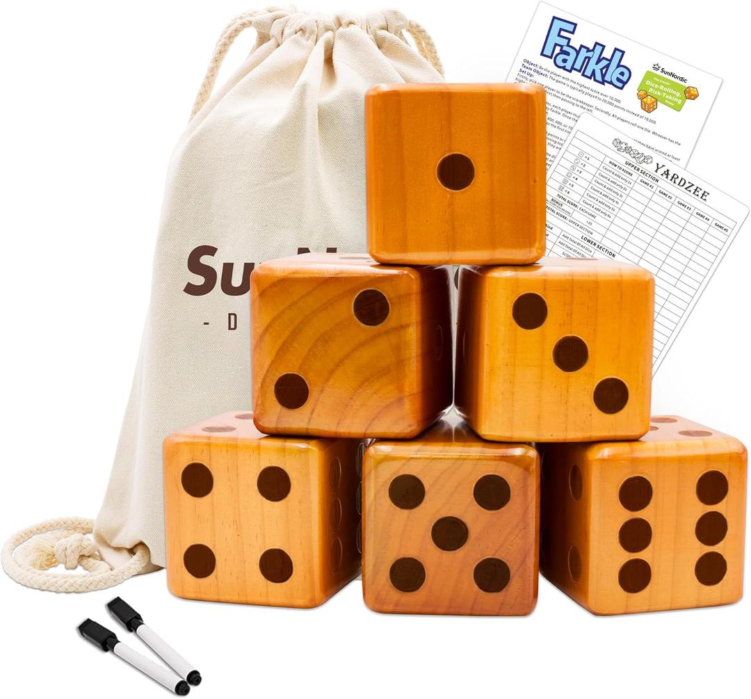 SunNordic Giant Dice Yard Game  6 Large Wooden Outdoor Dice Set with Scoreboard & Portable Collapsible Bucket  Classic Backyard Lawn Game for Adults, Kids & Family (Log Color)