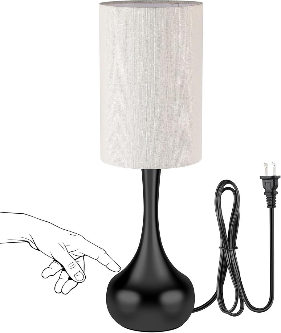Touch Table Lamp for Nightstand, 3-Way Dimmable, No Assembly Required, Mid Century Modern Small Black Bedside Lamp for Bedroom, Living Room, Office