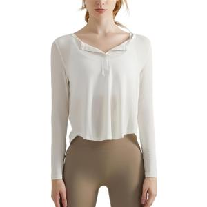 Long Sleeve Workout Shirts for Women V Neck Elastic Oversize Pullover Yoga Gym Tops Quick Dry Hiking Athletic Running Shirts, White Small