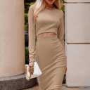 PRETTYGARDEN Women's Long Sleeve Midi Bodycon Dresses Casual Crewneck Cut Out Ribbed Knit Fitted Pencil Dress (Brown, L)