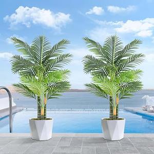 Keeplush Triple Golden Cane Palm Artificial Tree 4ft Tall Large Faux Tropical Palm Tree UV Resistant Fake Plant in Pot for Indoor Outdoor Big House Living Room Patio Office Home Outside Decor 2Pack